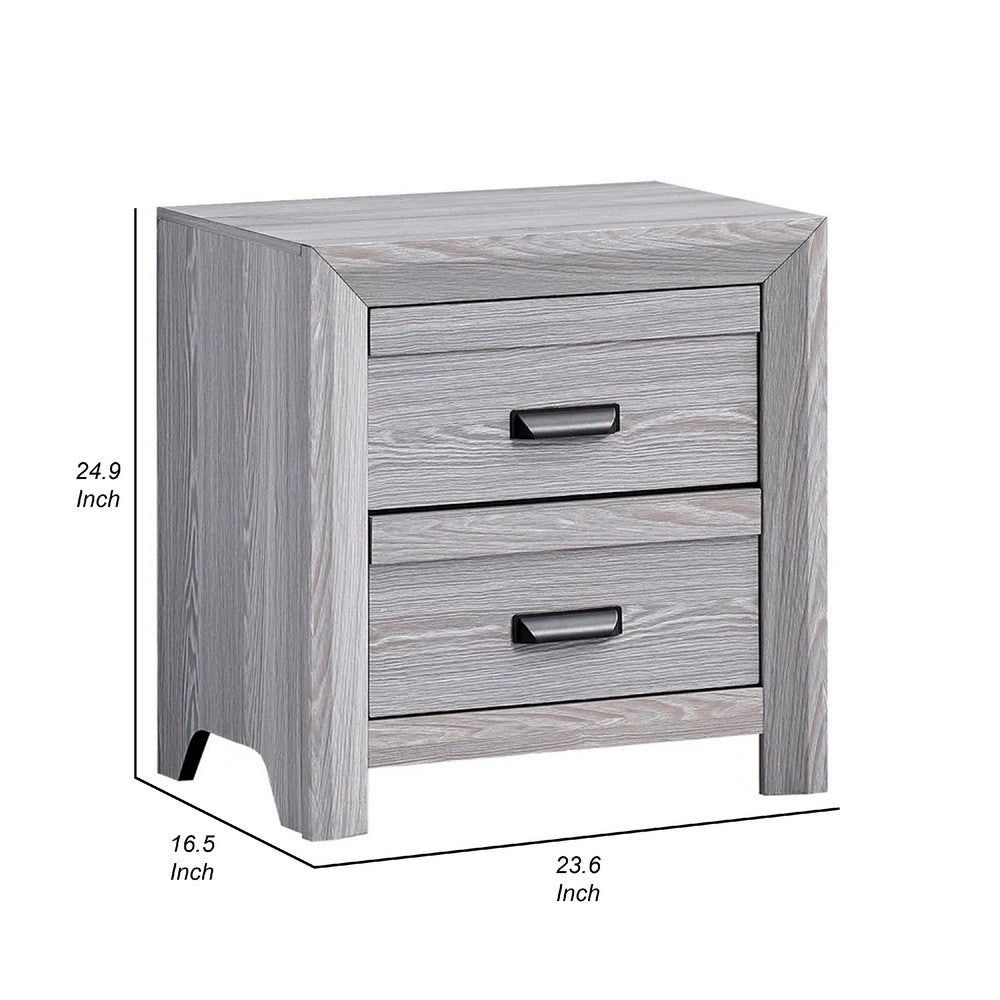 Benjara Laide Nightstand with 2 Drawers, Cup Handles, Gray Driftwood Finish Wood
