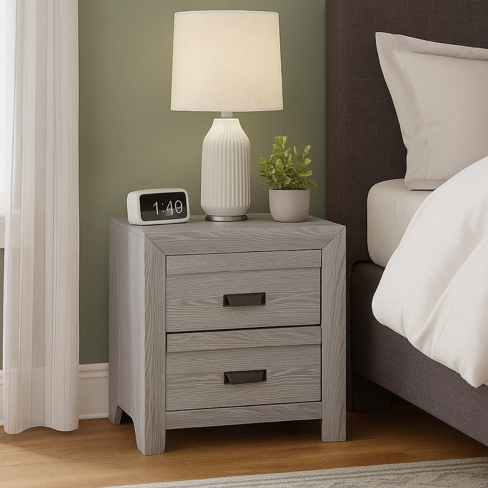 Benjara Laide Nightstand with 2 Drawers, Cup Handles, Gray Driftwood Finish Wood