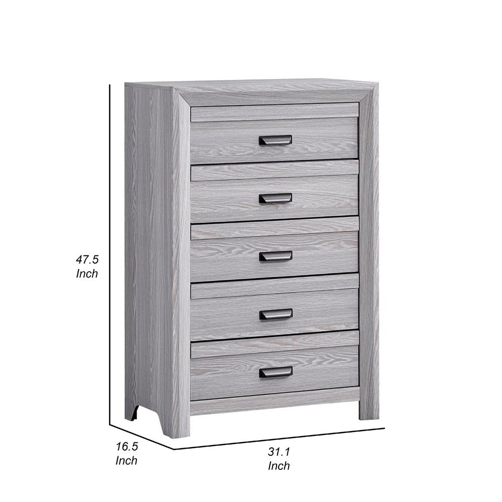 Benjara Laide Tall Dresser Chest with 5 Drawers, Cup Handles, Gray Driftwood Veneer