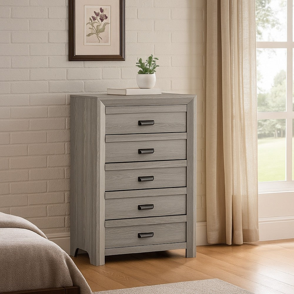 Benjara Laide Tall Dresser Chest with 5 Drawers, Cup Handles, Gray Driftwood Veneer