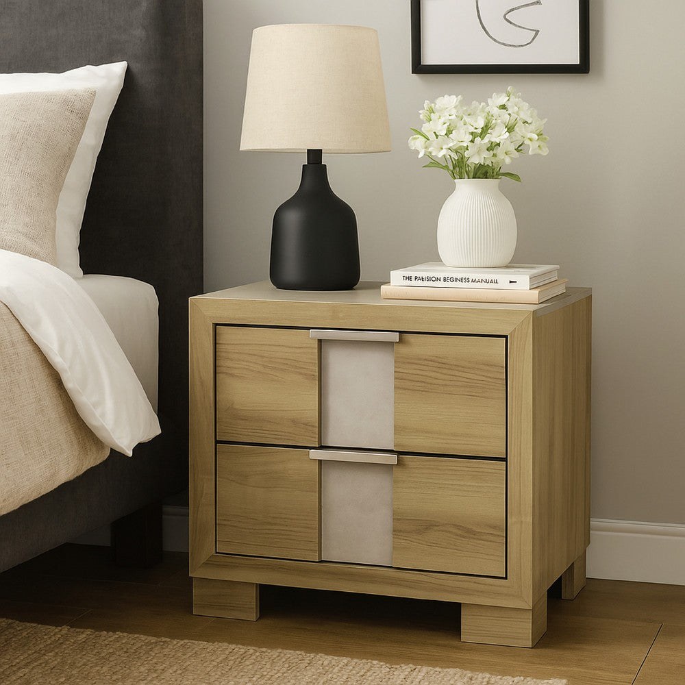 Benjara Amey Nightstand with 2 Drawers, White Trim And Driftwood Brown Finish