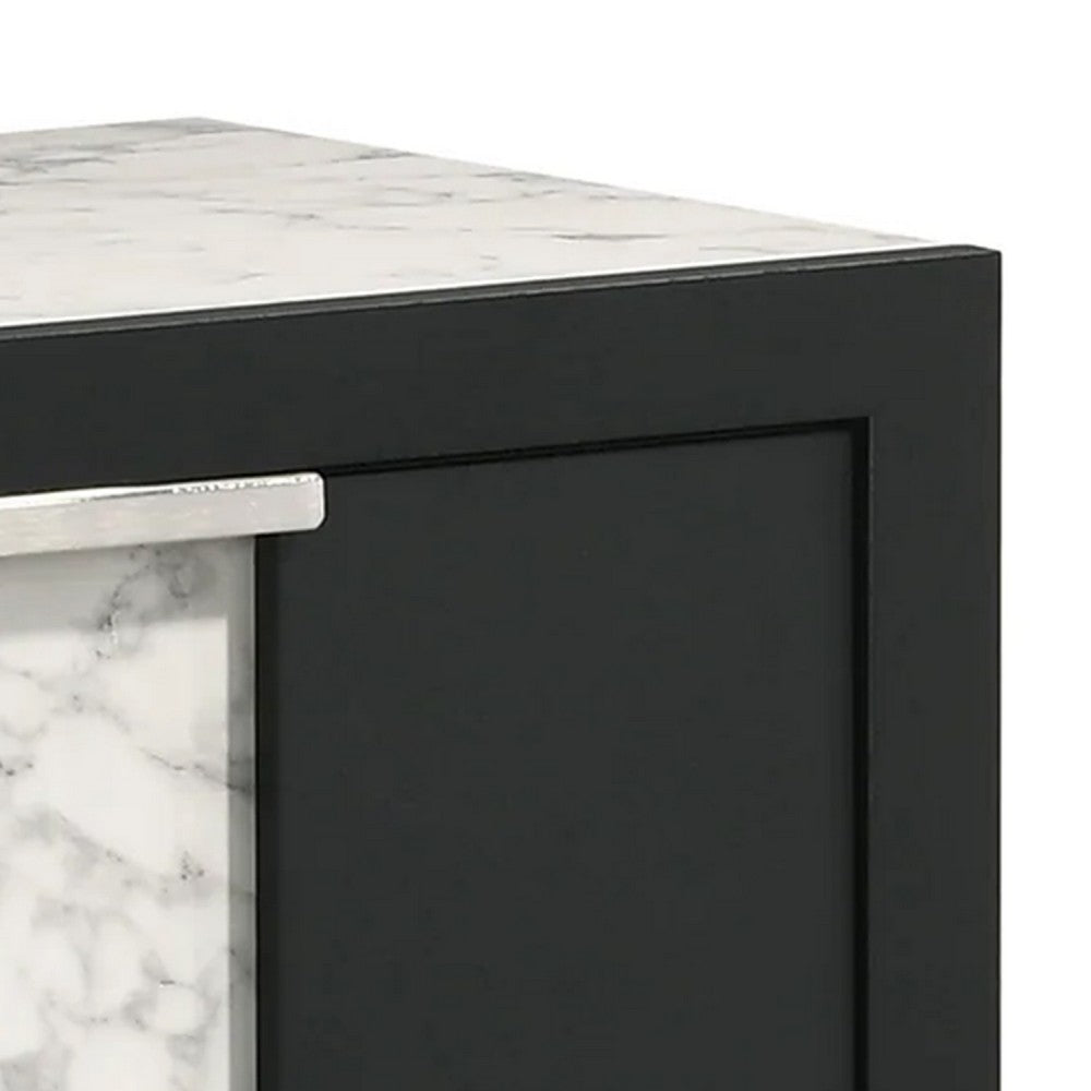 Benjara Amey 2 Drawer Nightstand, White Marble Trim, Black Wood