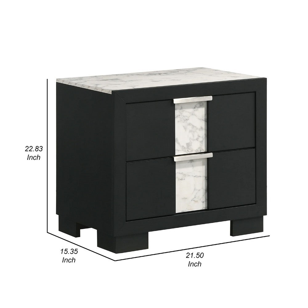 Benjara Amey 2 Drawer Nightstand, White Marble Trim, Black Wood