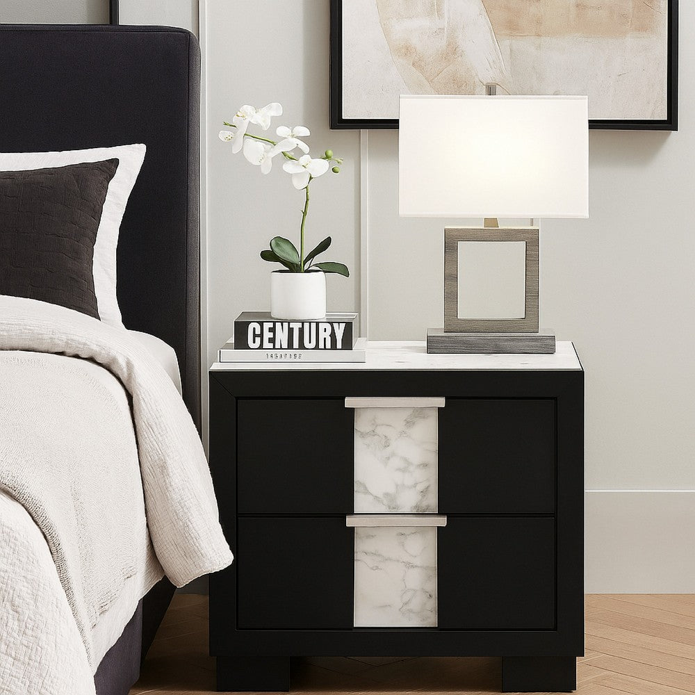 Benjara Amey 2 Drawer Nightstand, White Marble Trim, Black Wood