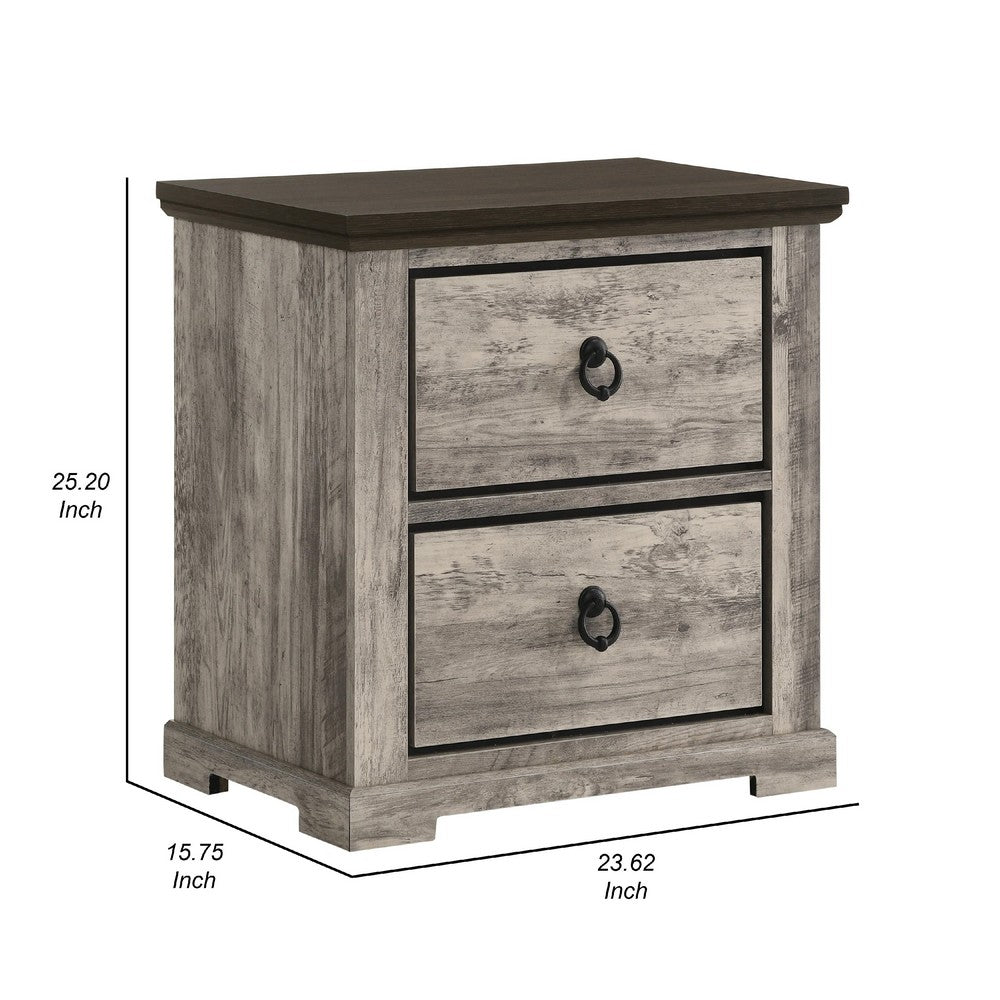 Benjara Elaya Nightstand with 2 Drawers, Black Metal, Weathered Gray Wood