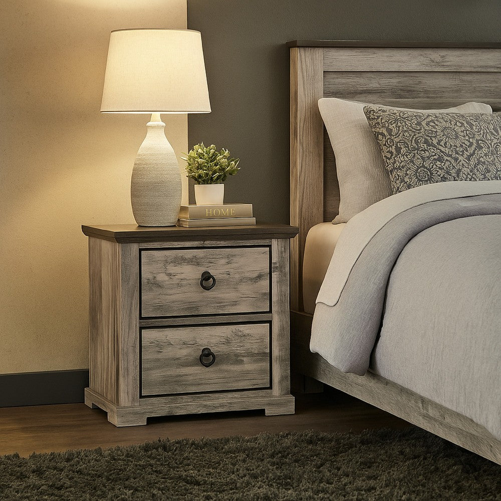 Benjara Elaya Nightstand with 2 Drawers, Black Metal, Weathered Gray Wood