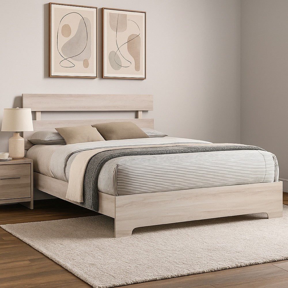 Benjara Cuzzy Full Platform Bed with Panel Headboard, Low Profile White Wood