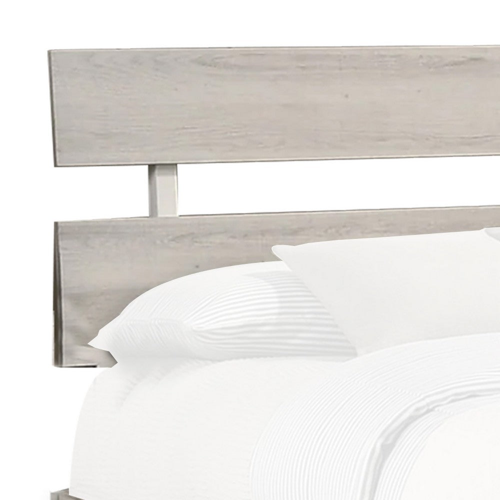 Benjara Cuzzy King Platform Bed with Panel Headboard, Low Profile White Wood