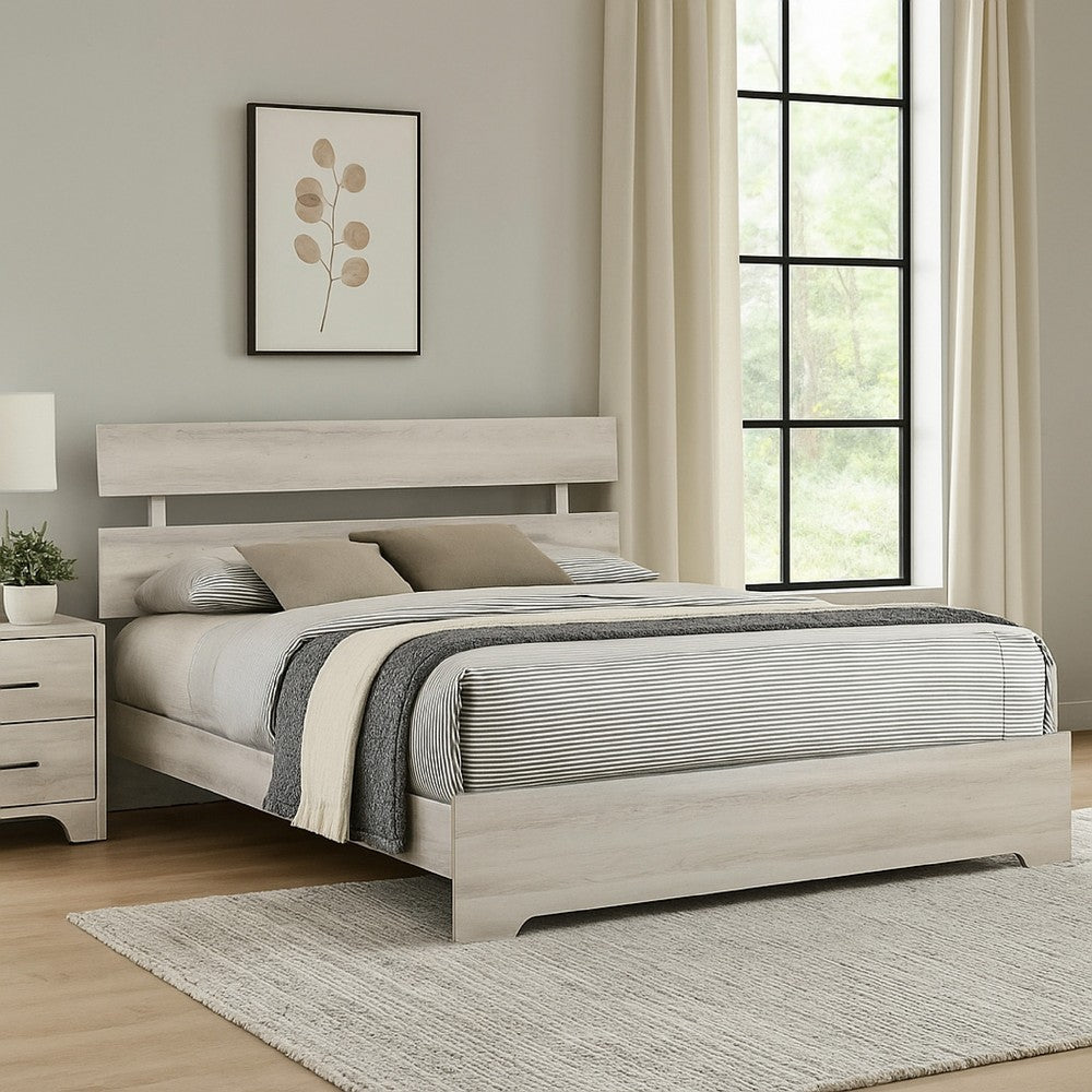 Benjara Cuzzy King Platform Bed with Panel Headboard, Low Profile White Wood