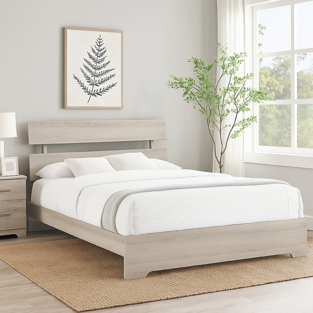 Benjara Cuzzy Queen Platform Bed with Panel Headboard, Low Profile White Wood