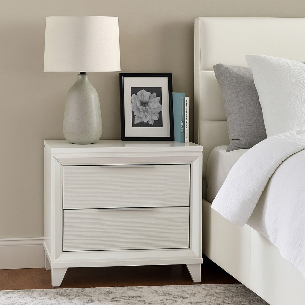 Benjara Ressy Nightstand with 2 Drawer, Silver Metal, Contemporary White Wood