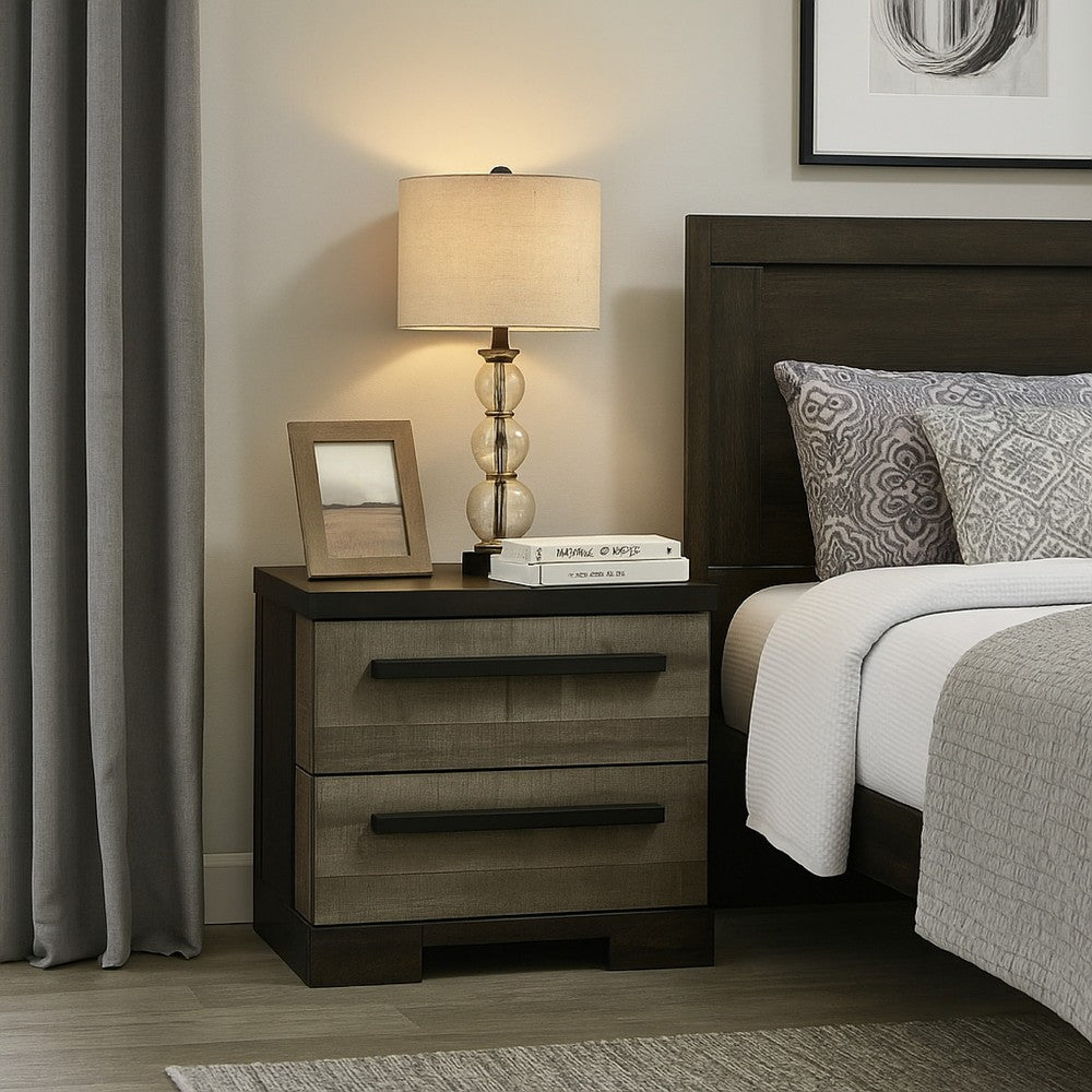Benjara Ruthe Nightstand with 2 Drawers, Wide Top, Ebony Black, Gray Wood