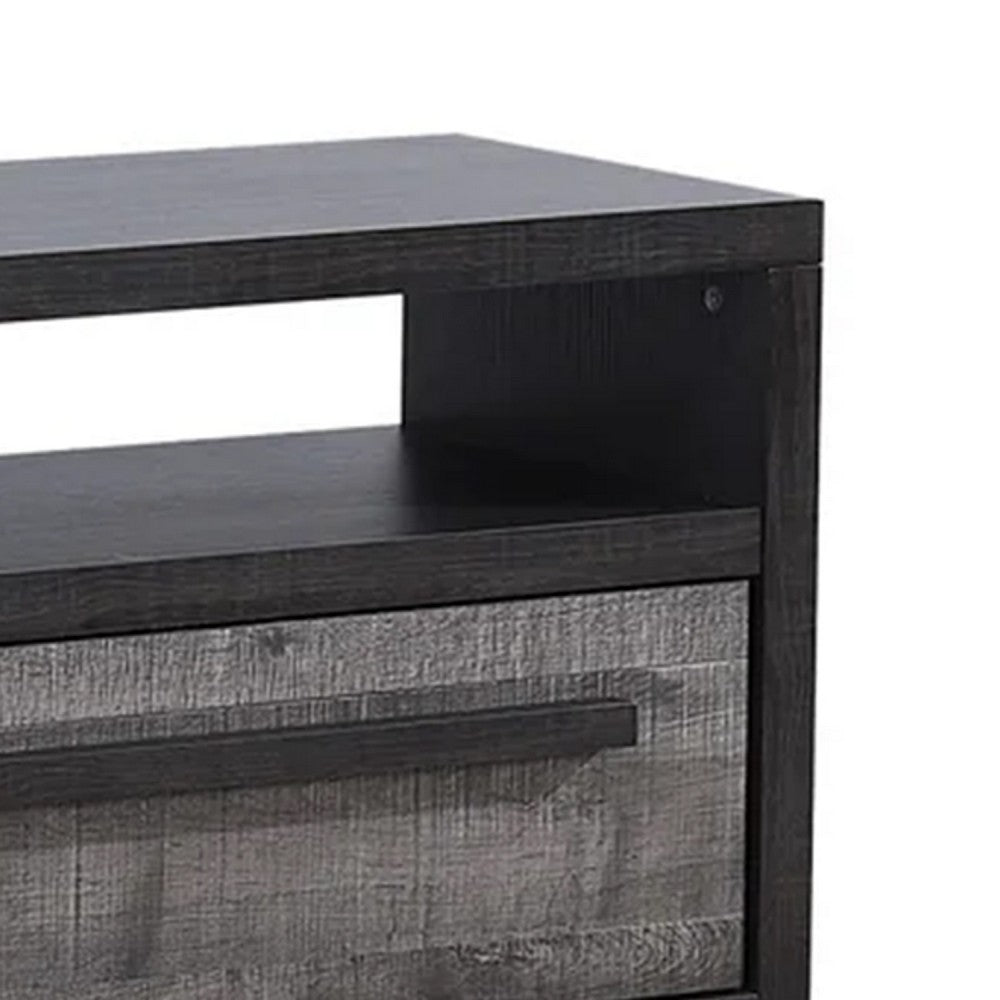 Benjara Ruthe TV Stand Media Console with 2 Drawers, Shelves, Black Gray Wood