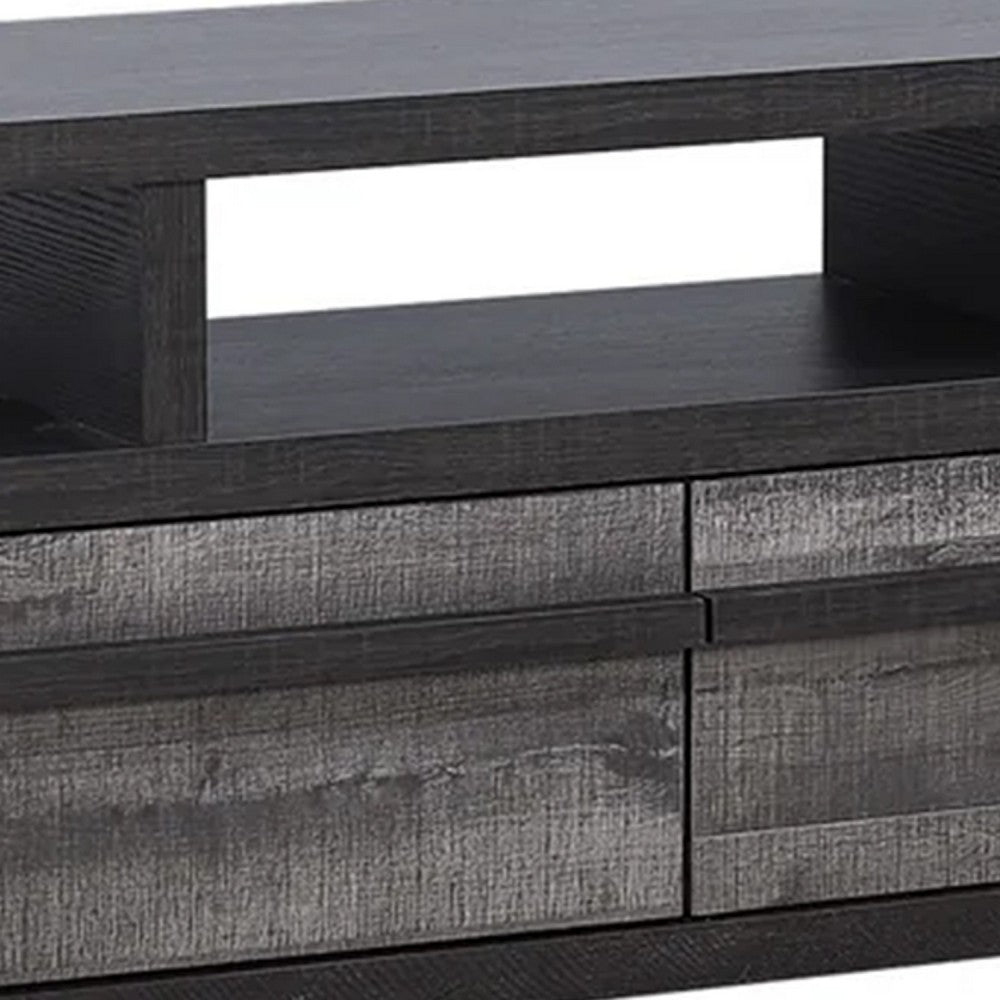 Benjara Ruthe TV Stand Media Console with 2 Drawers, Shelves, Black Gray Wood
