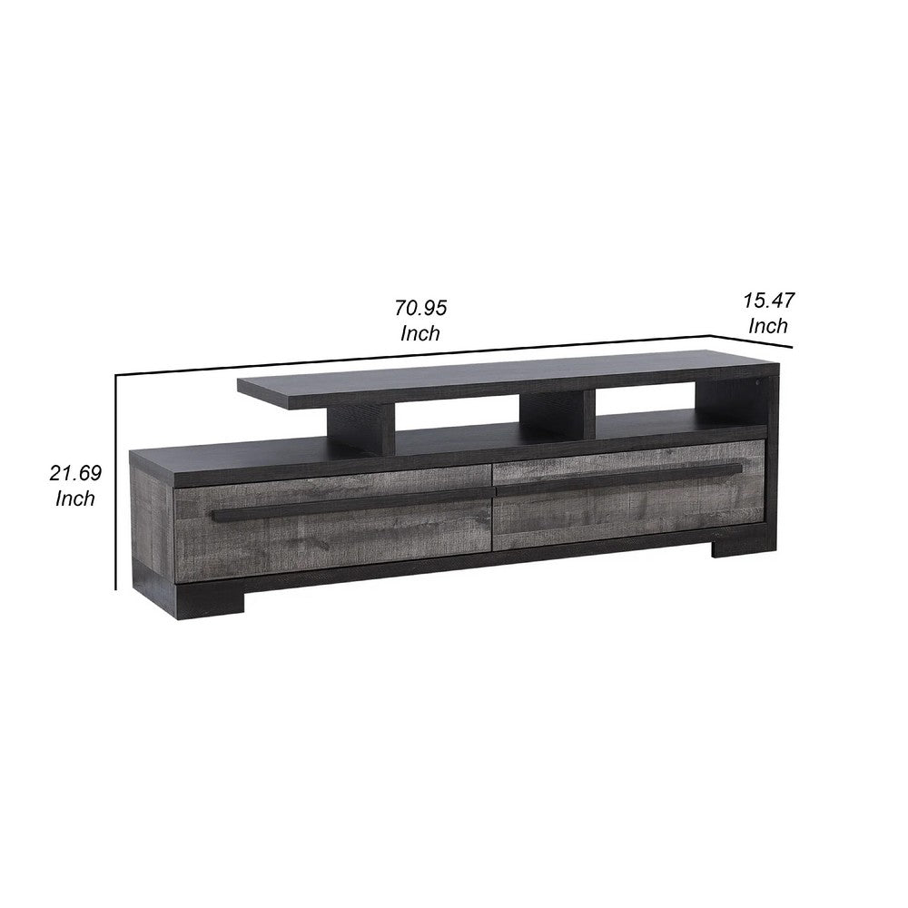 Benjara Ruthe TV Stand Media Console with 2 Drawers, Shelves, Black Gray Wood