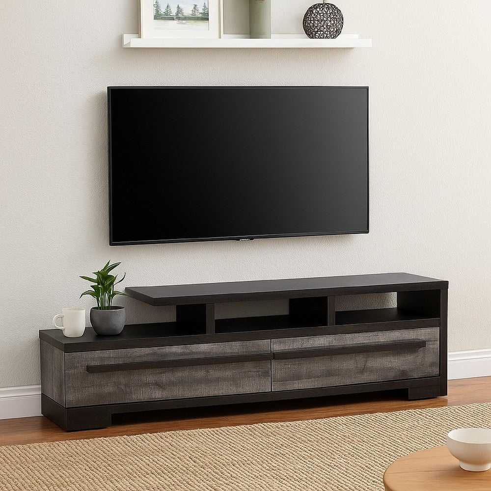 Benjara Ruthe TV Stand Media Console with 2 Drawers, Shelves, Black Gray Wood
