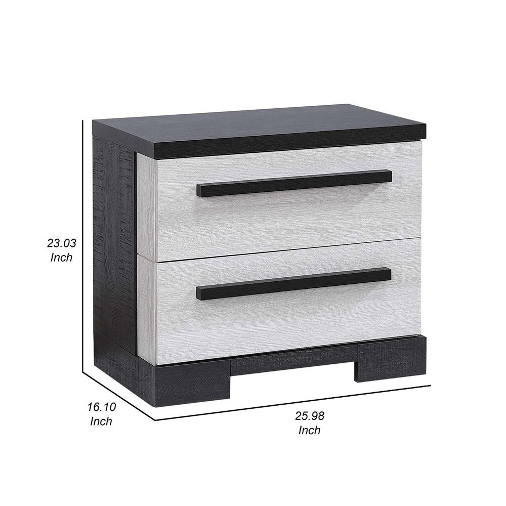 Benjara Ruthe Nightstand with 2 Drawers, Wide Top, Ebony Black, White Wood