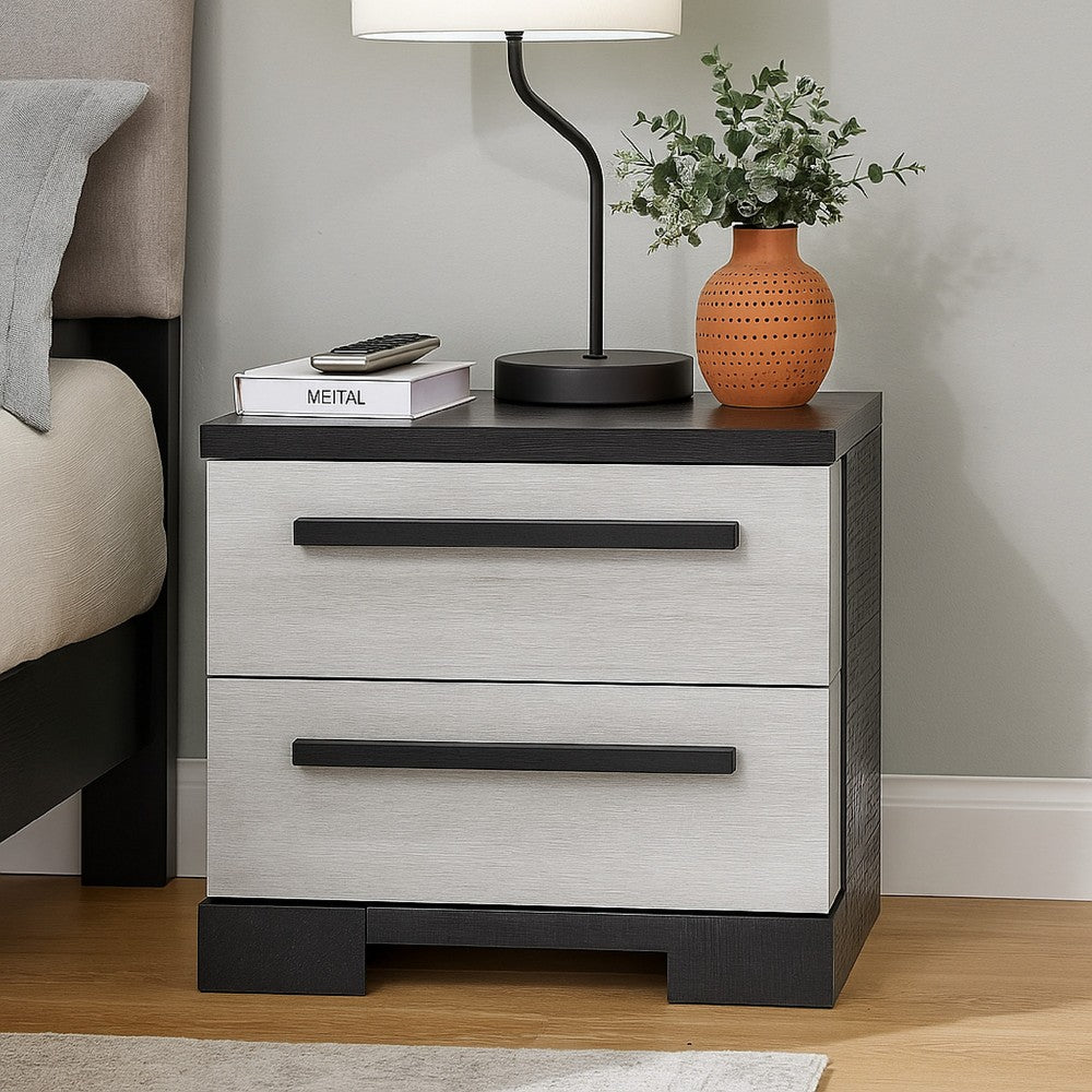 Benjara Ruthe Nightstand with 2 Drawers, Wide Top, Ebony Black, White Wood