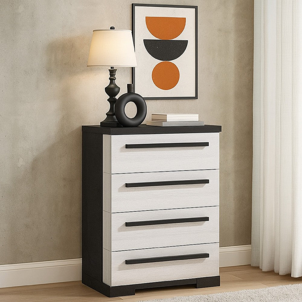 Benjara Ruthe Tall Dresser Chest with 4 Drawers, Ebony Black, White Wood