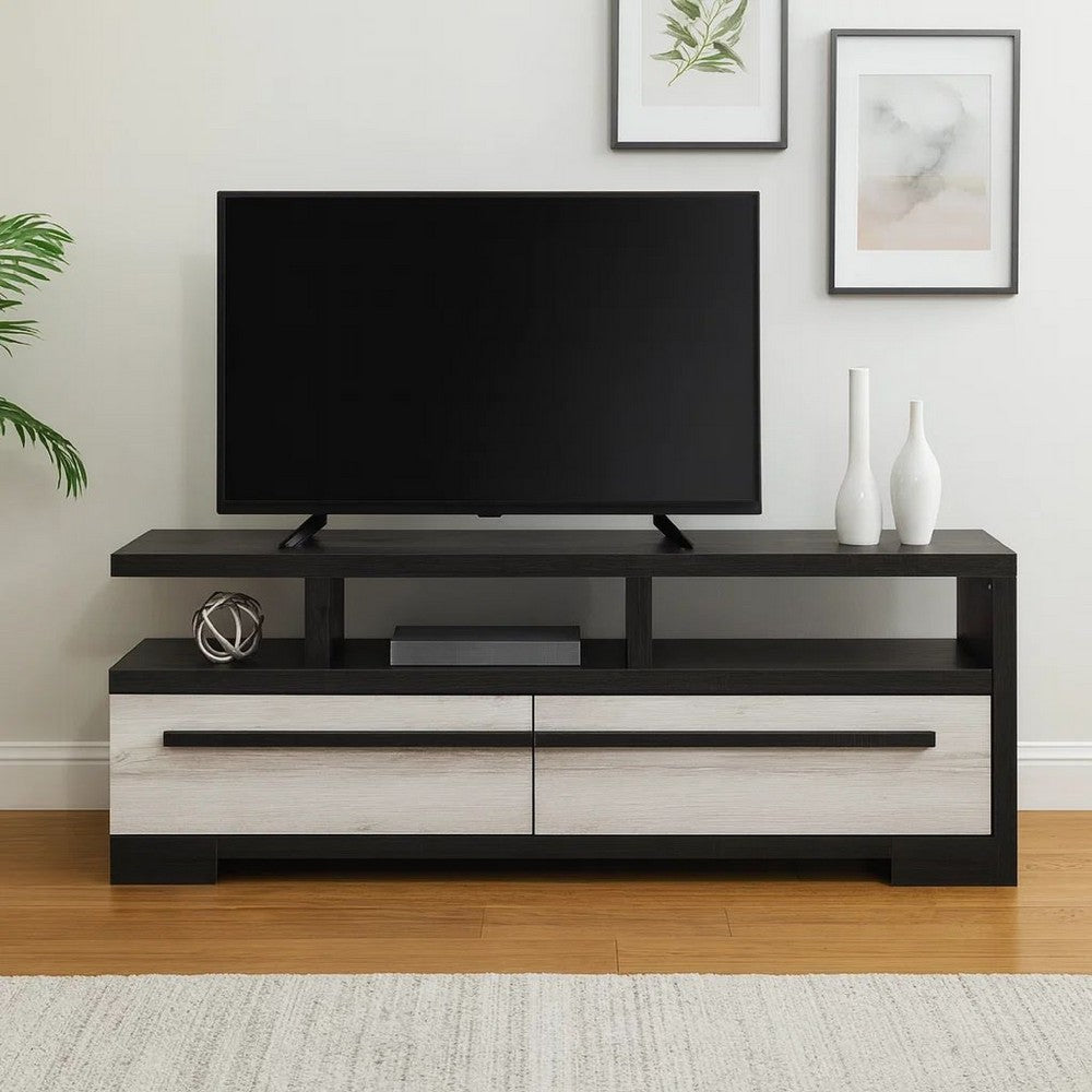 Benjara Ruthe TV Stand Media Cabinet with 2 Drawers, Shelves, Black And White Wood