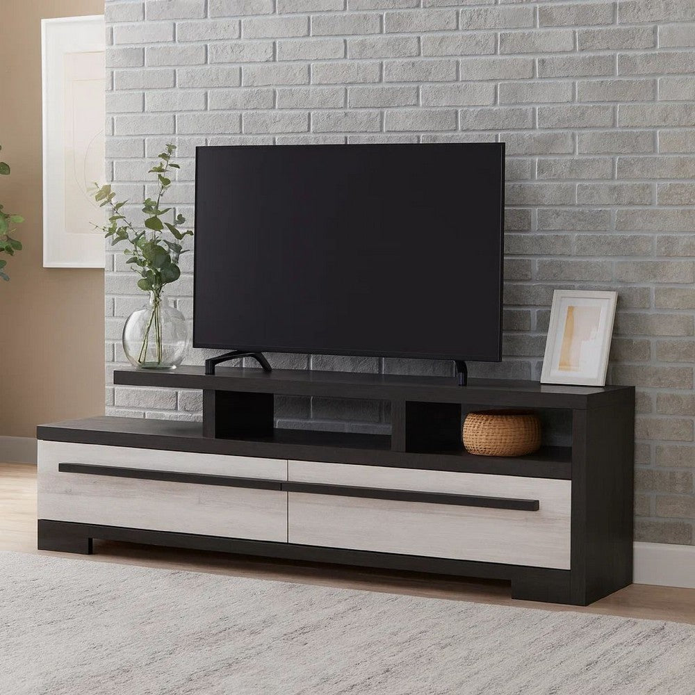Benjara Ruthe TV Stand Media Cabinet with 2 Drawers, Shelves, Black And White Wood