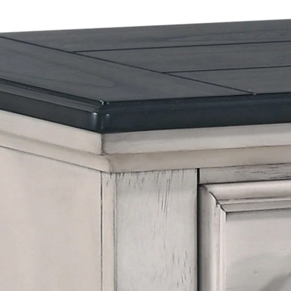Benjara Sawz Nightstand with 3 Drawers, Charcoal Plank Top, Light Gray Wood