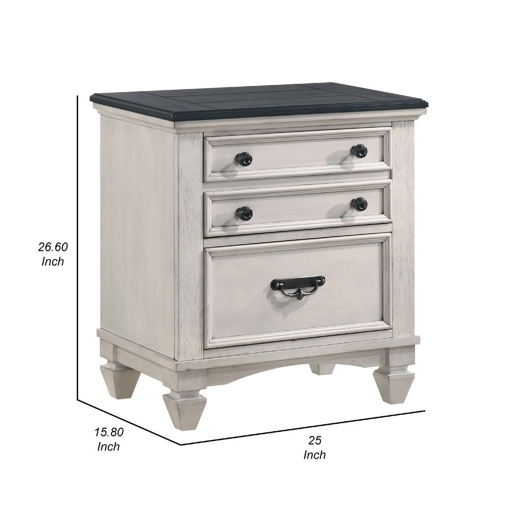 Benjara Sawz Nightstand with 3 Drawers, Charcoal Plank Top, Light Gray Wood