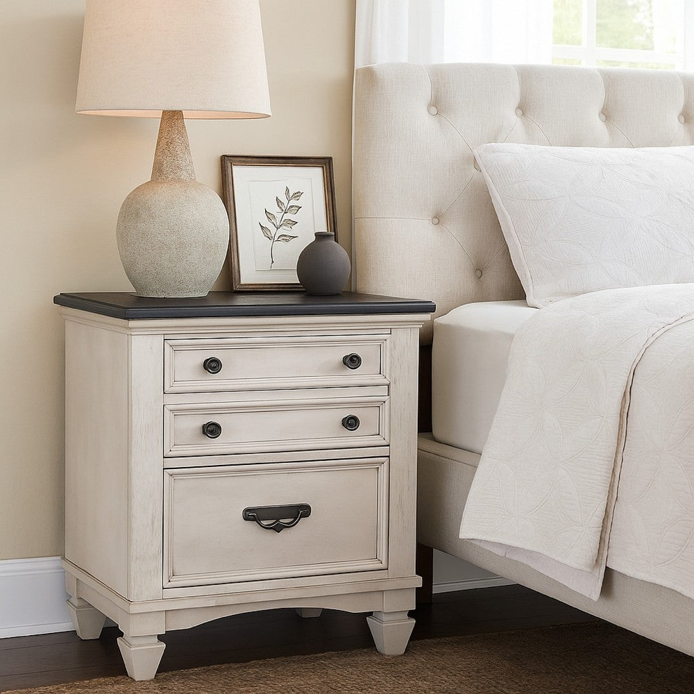 Benjara Sawz Nightstand with 3 Drawers, Charcoal Plank Top, Light Gray Wood