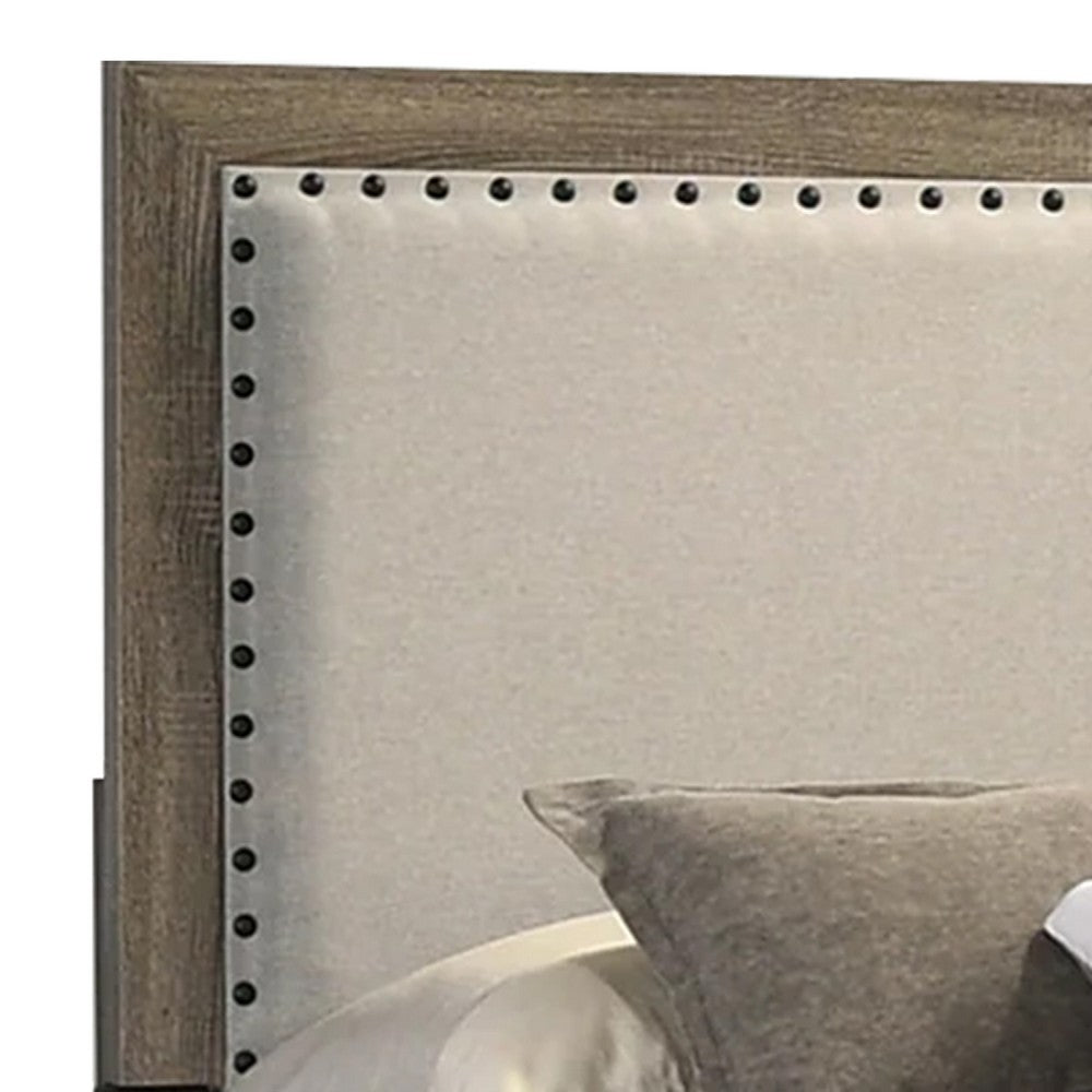 Benjara Shannon Full Panel Bed with Nailhead Trim, Ivory Fabric, Gray Wood