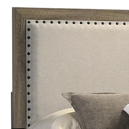 Benjara Shannon Full Panel Bed with Nailhead Trim, Ivory Fabric, Gray Wood