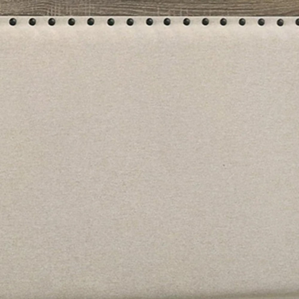 Benjara Shannon Full Panel Bed with Nailhead Trim, Ivory Fabric, Gray Wood