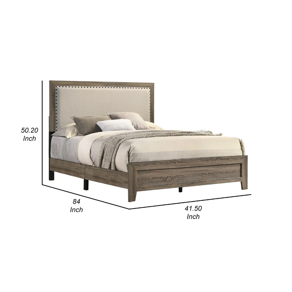 Benjara Shannon Full Panel Bed with Nailhead Trim, Ivory Fabric, Gray Wood