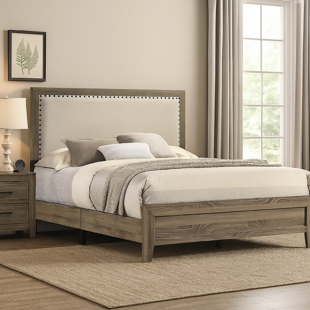 Benjara Shannon Full Panel Bed with Nailhead Trim, Ivory Fabric, Gray Wood