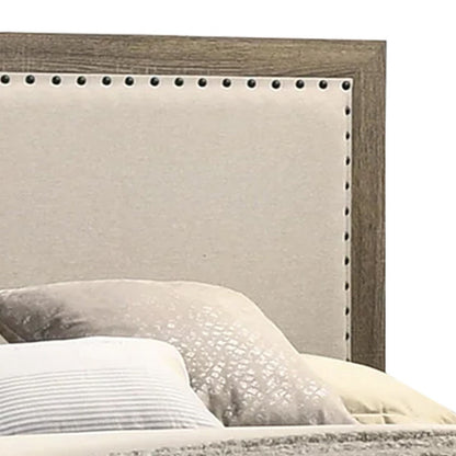 Benjara Shannon King Panel Bed with Nailhead Trim, Ivory Fabric, Gray Wood