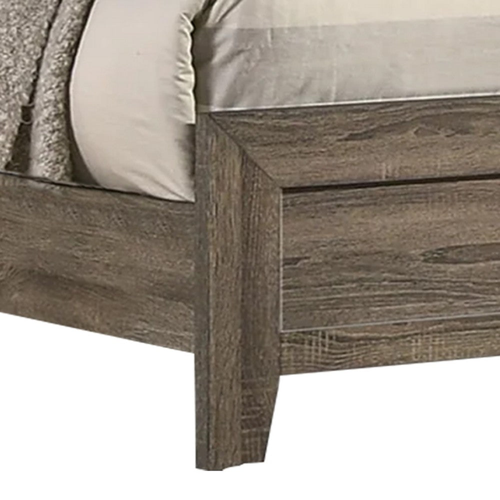 Benjara Shannon King Panel Bed with Nailhead Trim, Ivory Fabric, Gray Wood