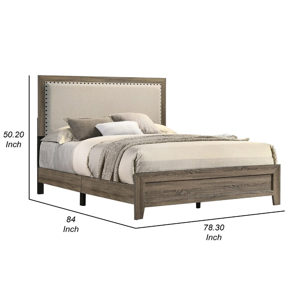 Benjara Shannon King Panel Bed with Nailhead Trim, Ivory Fabric, Gray Wood