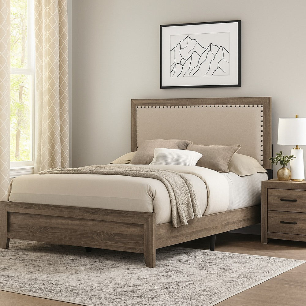 Benjara Shannon King Panel Bed with Nailhead Trim, Ivory Fabric, Gray Wood