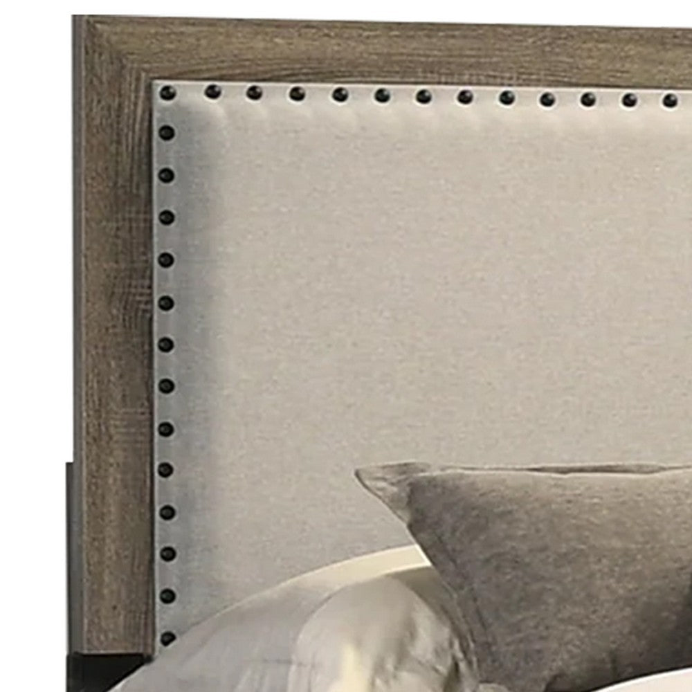 Benjara Shannon Queen Panel Bed with Nailhead Trim, Ivory Fabric, Gray Wood