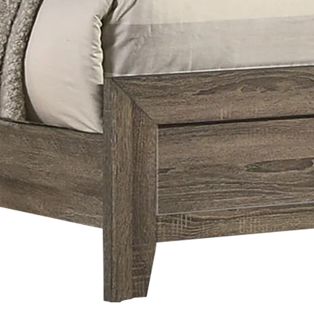 Benjara Shannon Queen Panel Bed with Nailhead Trim, Ivory Fabric, Gray Wood