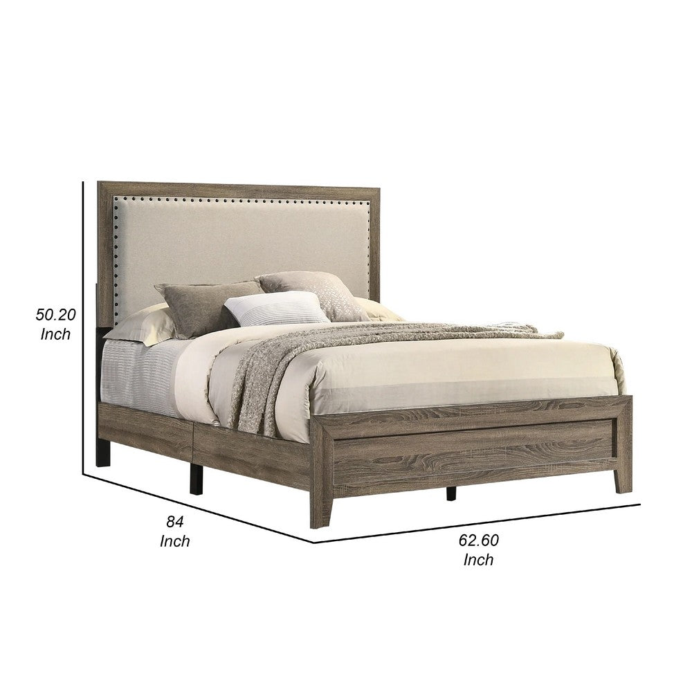 Benjara Shannon Queen Panel Bed with Nailhead Trim, Ivory Fabric, Gray Wood
