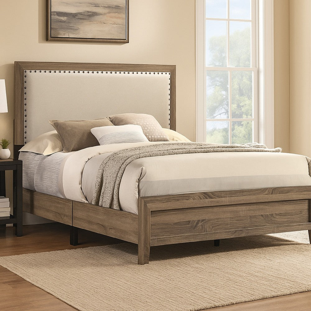 Benjara Shannon Queen Panel Bed with Nailhead Trim, Ivory Fabric, Gray Wood