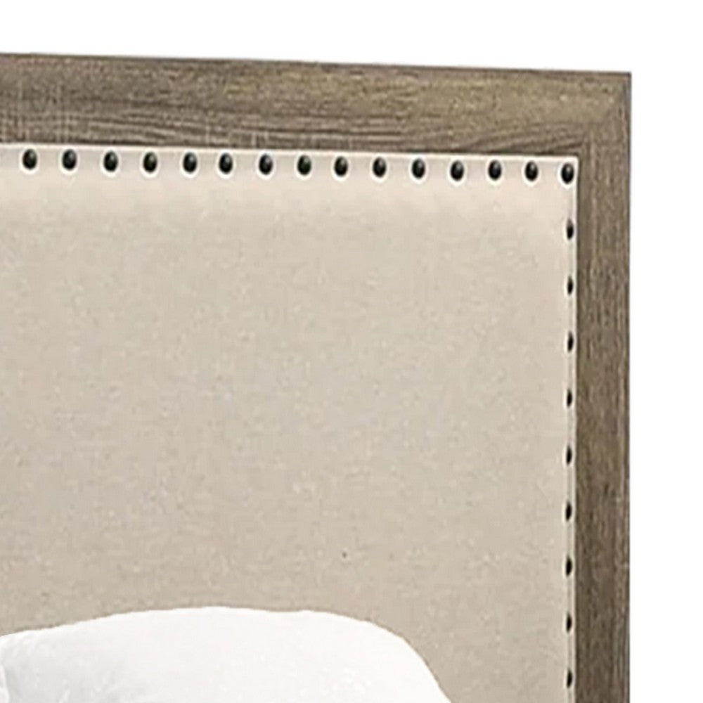 Benjara Shannon Twin Panel Bed with Nailhead Trim, Ivory Fabric, Gray Wood