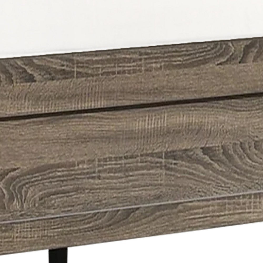 Benjara Shannon Twin Panel Bed with Nailhead Trim, Ivory Fabric, Gray Wood