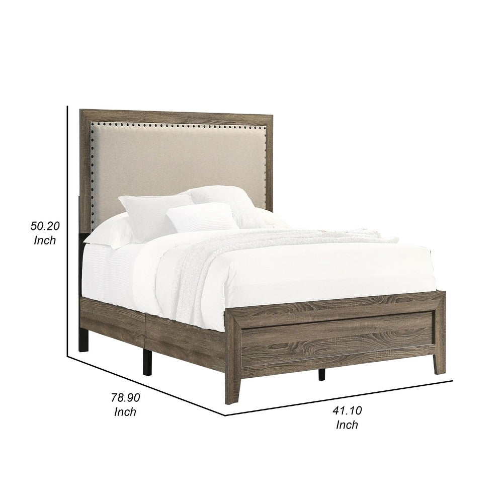 Benjara Shannon Twin Panel Bed with Nailhead Trim, Ivory Fabric, Gray Wood