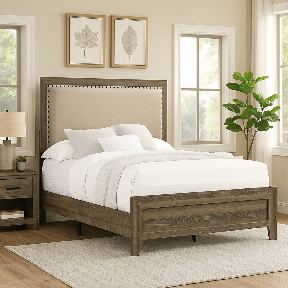 Benjara Shannon Twin Panel Bed with Nailhead Trim, Ivory Fabric, Gray Wood