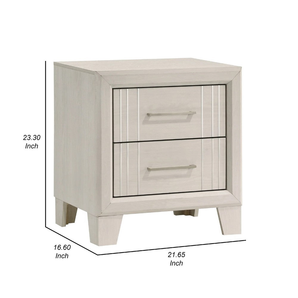 Benjara Charie Nightstand with 2 Drawers, Tapered Legs, Silver Metal, White Wood
