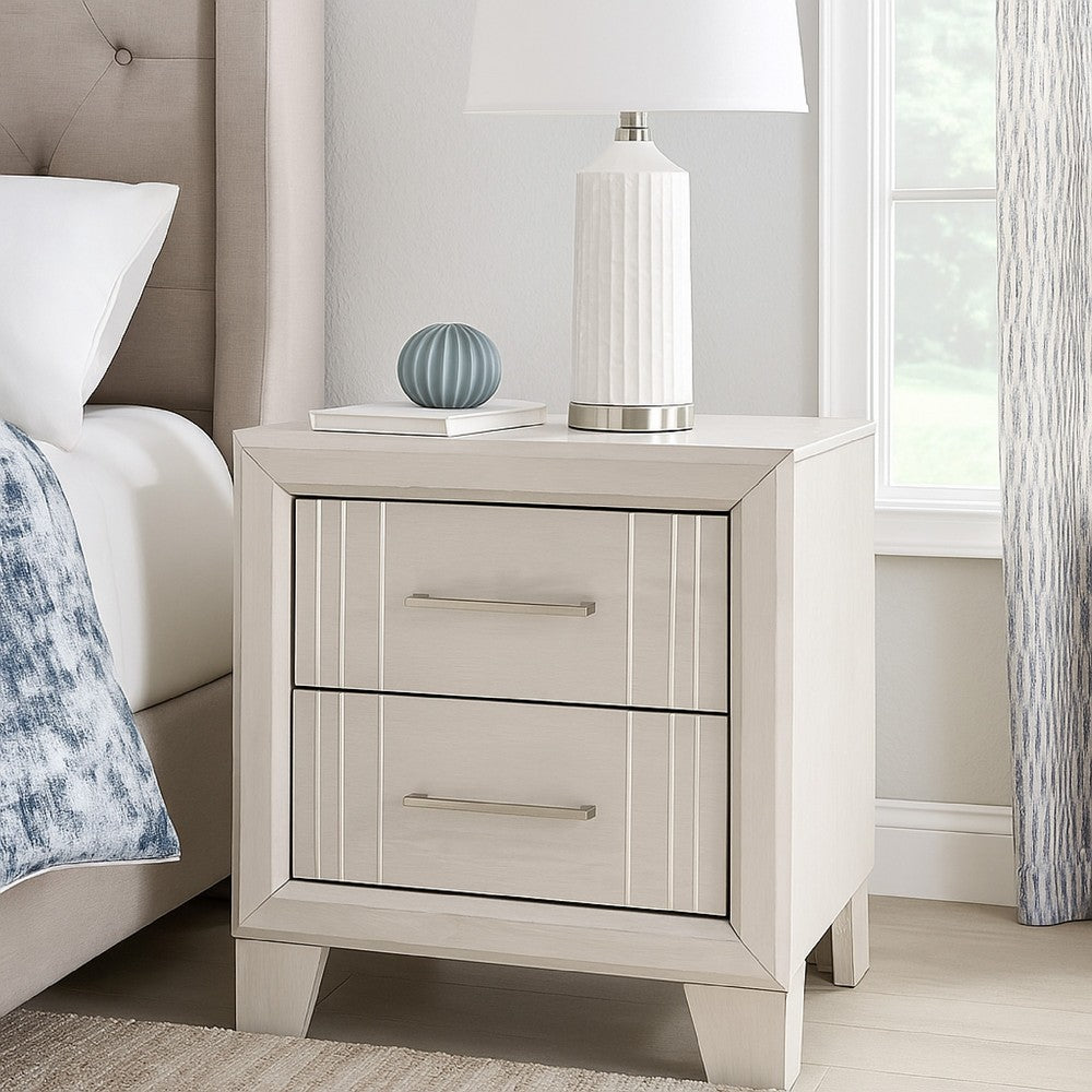 Benjara Charie Nightstand with 2 Drawers, Tapered Legs, Silver Metal, White Wood