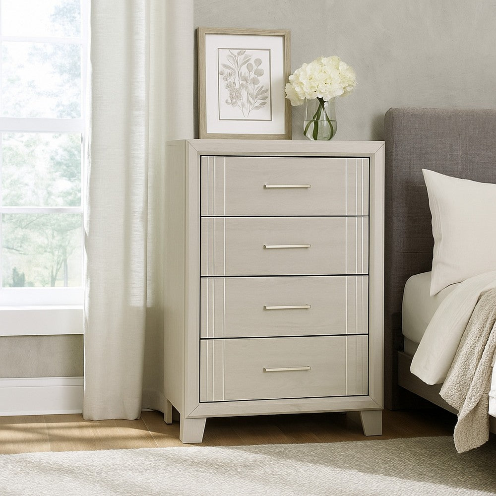 Benjara Charie Tall Dresser Chest with 4 Drawers, Tapered Feet, White Wood