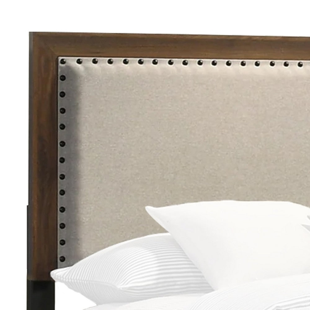 Benjara Shannon Full Bed with Nailhead Trim, Ivory Fabric on Cherry Brown Wood