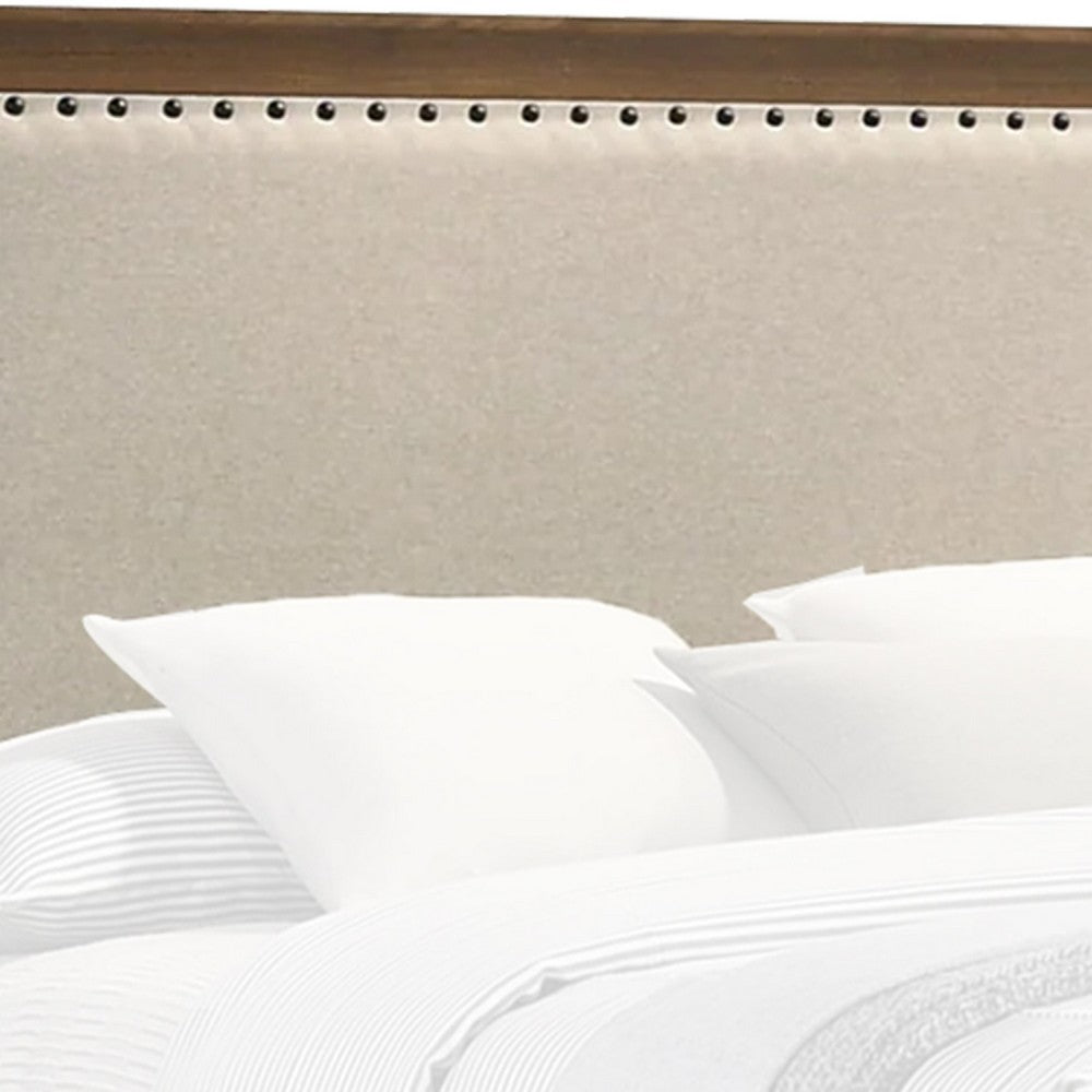 Benjara Shannon Full Bed with Nailhead Trim, Ivory Fabric on Cherry Brown Wood